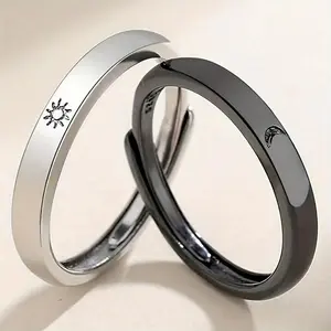 2pcs Sun and Moon Couple Ring Set, 2 Adjustable Open Rings, Ideal for Lovers, No Engraving, Perfect Gift for Christmas, Halloween, Valentine's Day