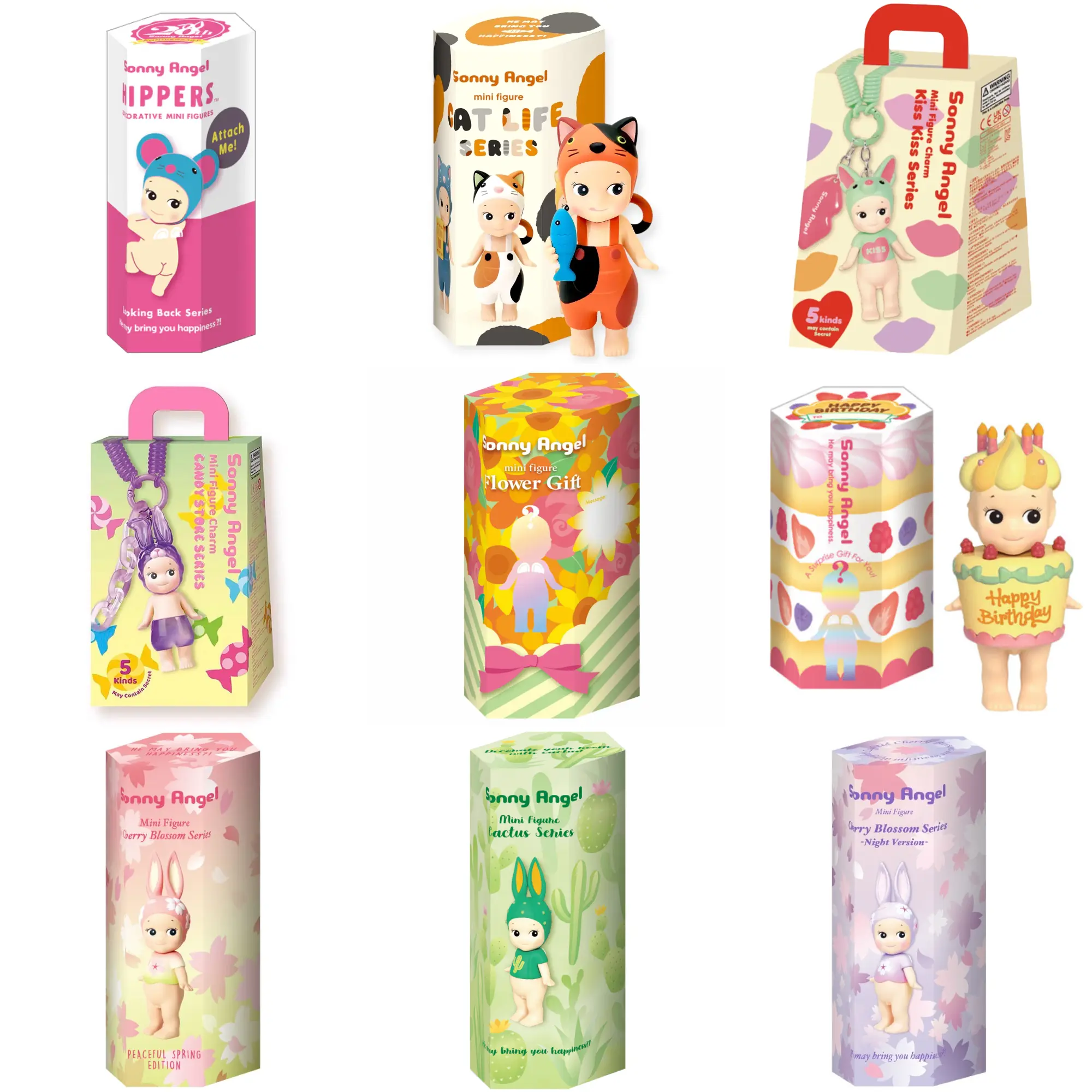 Sonny Angel Mini Figure Blind Box Toys - Full Set of 9 Series Including Hippers, Cat Life, Cherry Blossom, Cactus, Flower Gift & Charm Collectibles