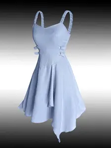 Women's Asymmetrical Hem Dress, Casual Summer Party Dress, Plain Color, Tiered Handkerchief Skirt, Waist Cinch, Elastic Straps, Sleeveless, Womenswear