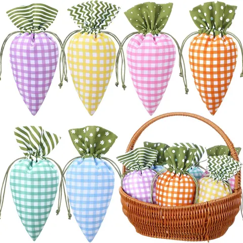 12/24 Pcs Plaid Style Fabric Easter Carrot Drawstring Goodie Bags - Chocolate Candy Treat Gift Bags for Students & Coworkers, Easter Egg Hunt Basket Stuffers, Spring Party Decorations