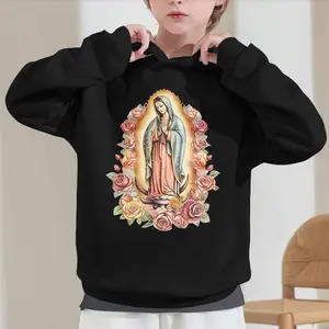 Girls' Pink Hooded Sweatshirt with Virgin Mary & Floral Print - Cozy Fall Winter Pullover, Machine Washable, Casual Long Sleeve Hoodie for Everyday & Special Occasions, Cute Hoodies