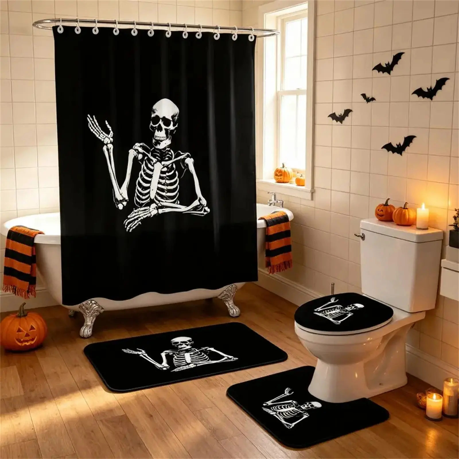 4-Piece Halloween Skeleton Bathroom Decor Kit, Meditating Skeleton Shower Curtain with 12 Hooks, Non-Slip Bath Mat, Contour Rug, Toilet Lid Cover, Black Spooky Gothic Bathroom Accessories for Home Party Decor