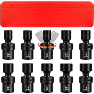 1/2" Drive Swivel Socket Set, 10 count Deep Universal Impact Socket Set, Metric(10-19mm) Flexible Wobble Socket Set, 6 Point, CR-MO