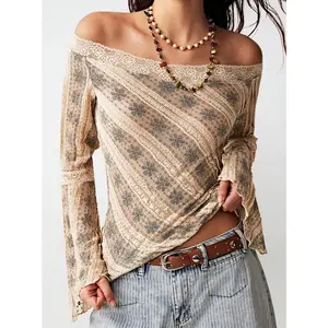 Bohemela Women's Casual Knitted Pattern Lace Off-Shoulder Long Sleeve Slim Fit T-Shirt, Summer Vacation Outfit