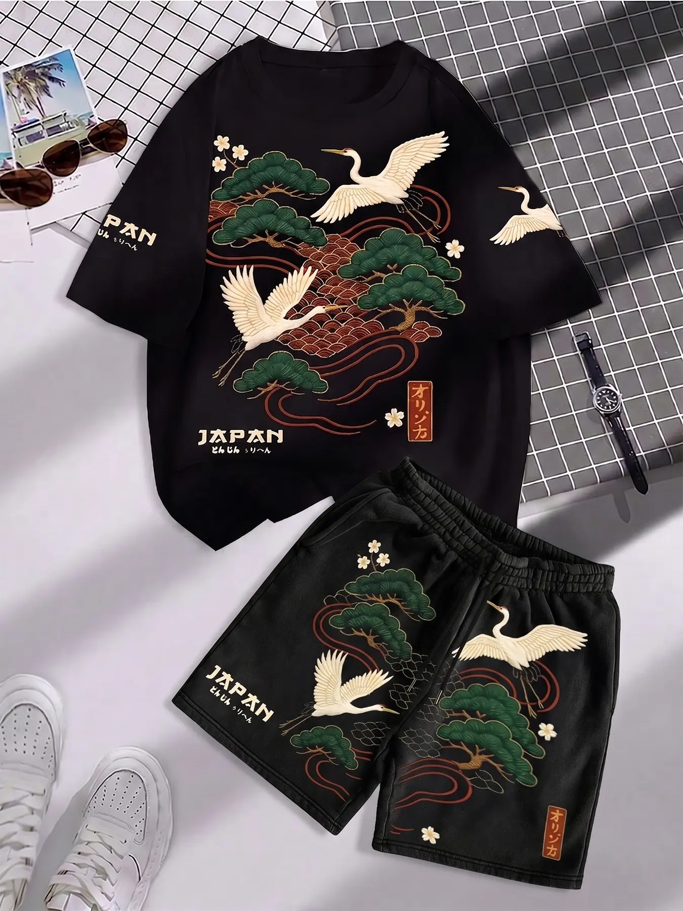 Men's Crane Print Graphic T-Shirt and Shorts Set, Matching Outfits Set, Outfit, Round Neck, Classic Casual Comfortable, Perfect for Daily Activities, Versatile Men's Clothing