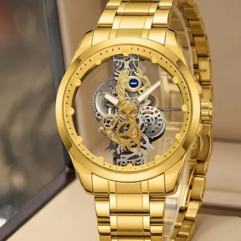 Men's Fashion Sporty Watch, Fashionable Wristwatch, Hollow out Design Round Dial Clasp Analog Quartz Watch, Elegant Business Wristwatch for Daily or Formal Occasions As Gift, Analog Watches, with Box