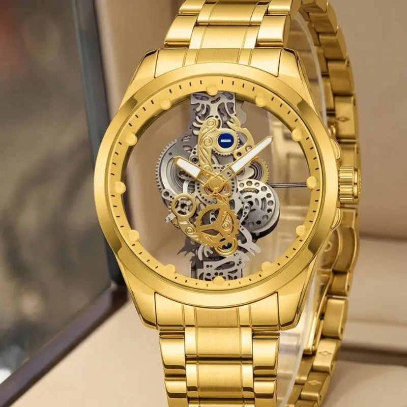 Men's Fashion Sporty Watch, Fashionable Wristwatch, Hollow out Design Round Dial Clasp Analog Quartz Watch, Elegant Business Wristwatch for Daily or Formal Occasions As Gift, Analog Watches, with Box