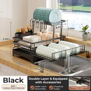 Foldable 2-Tier Dish Rack with Drainboard ,No More Wet Counter ,Space Saving Kitchen Storage Organizer for Dishes, Bowls, Utensils