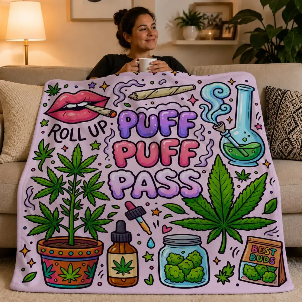 Puff Puff Pass Throw Blanket, Cannabis Leaf Flannel, Soft Cozy Stoner Decor Home Decor Blanket, Ideal for Sofa Bed Couch, Perfect Gift