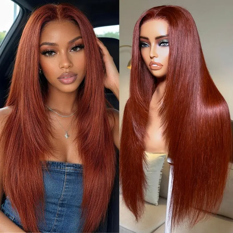UNice Reddish Brown Layered Straight Wig Bye-Bye Slip 7×5 Lace Closure Human Hair Glueless Glam-Ready Rich Color Sleek Style