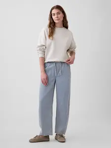 Mid Rise SuperSoft Stripe Pull-On Barrel Jeans Color Railroad Stripe Indigo