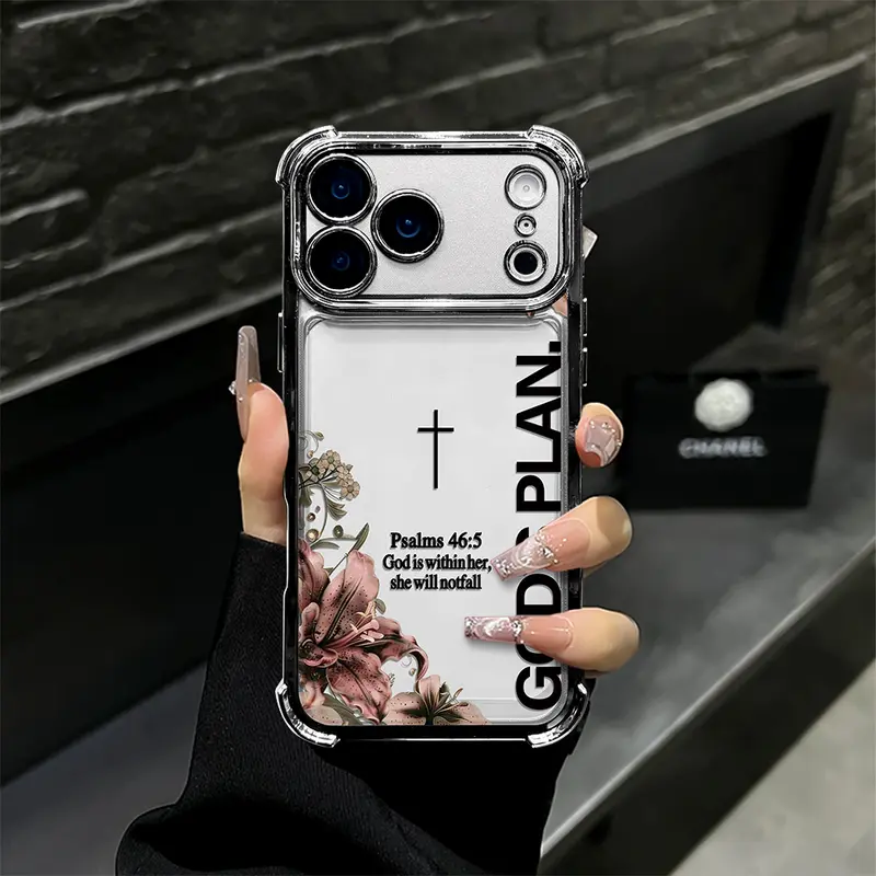 Custom God Faith Scripture TPU Smartphone Case - Lily Flower Cross, God's Plan Bible Verse Print, Shockproof Protection Cover for iPhone 17 Air,16 Pro Max,15,14 Plus,13,12,11 Plus,XR,XS & Samsung Galaxy S26 Ultra,S25 Ultra,S24,S23,S22
