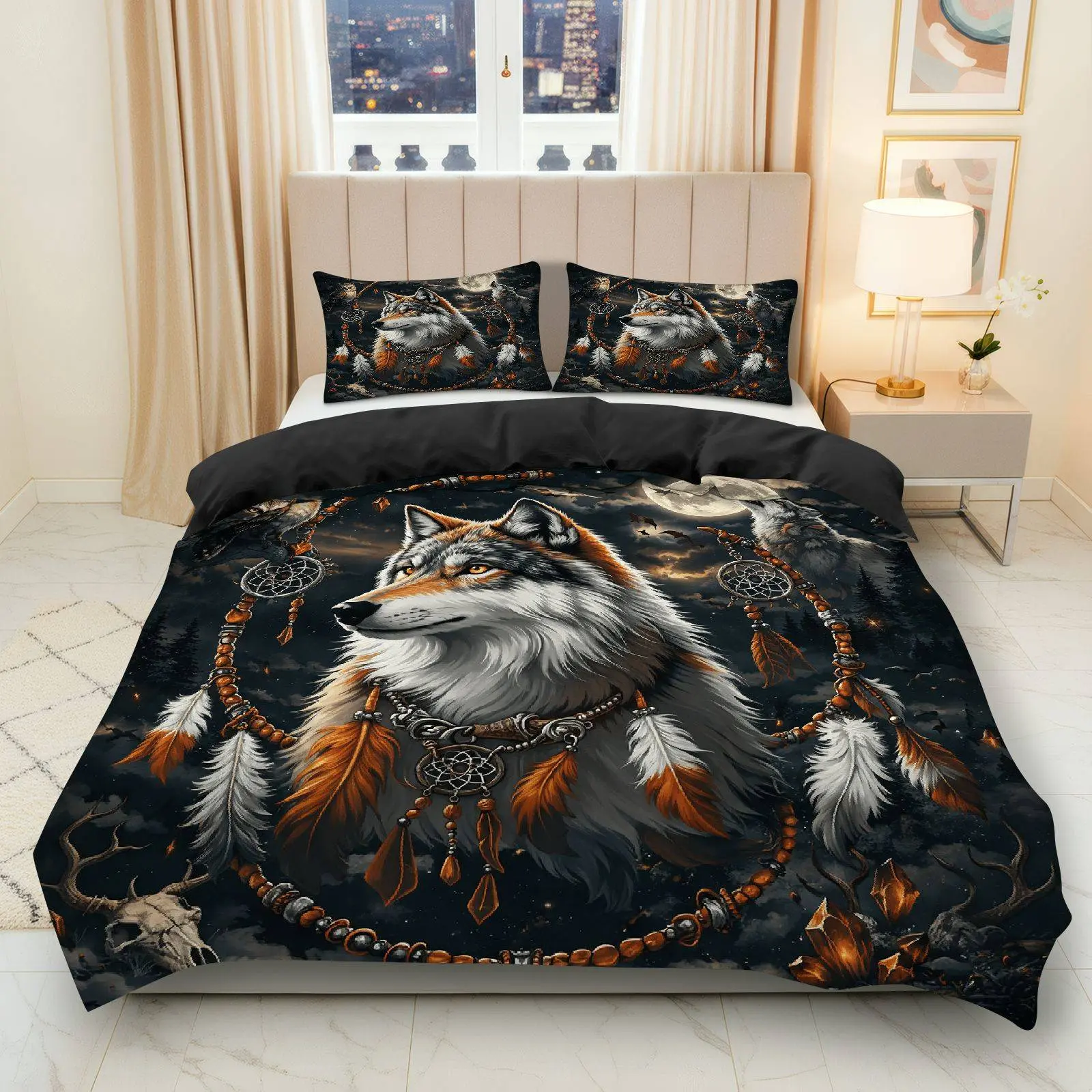 3PCS Duvet Cover Set, 1 Duvet+2 Pillowcases(Without filler), Wolf Dreamcatcher Feather Night Moon theme, Halloween bedding set, Animal Print Suitable for decoration Bedroom Living Room Lodge Cabin