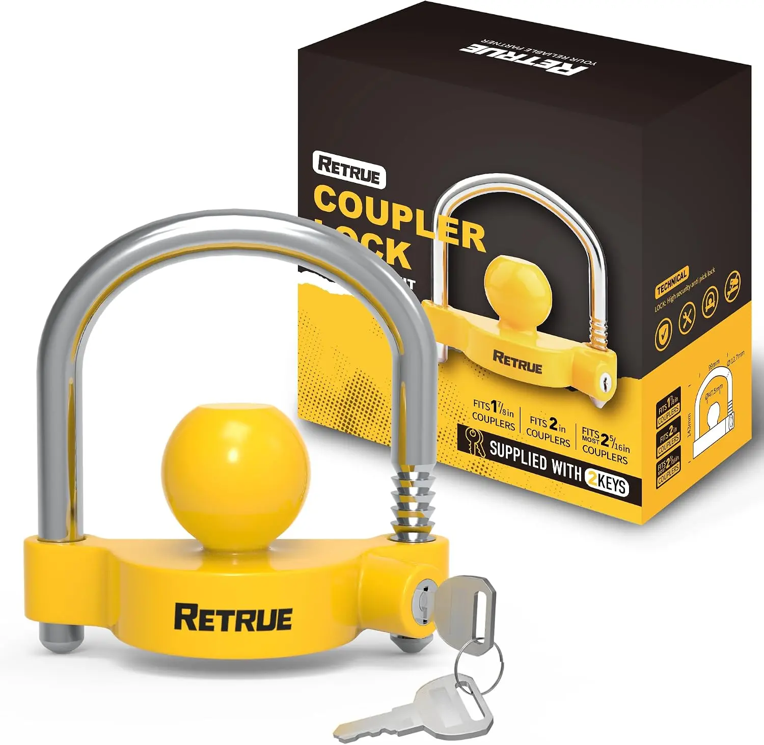 RETRUE Universal Trailer Coupler Lock - Universal Type, Adjustable, Key Operated, Metal Body, Fits Multiple Sizes, Bright Yellow, Hitch Security for Automotive Quads Motorhomes Boats Transportation Storage