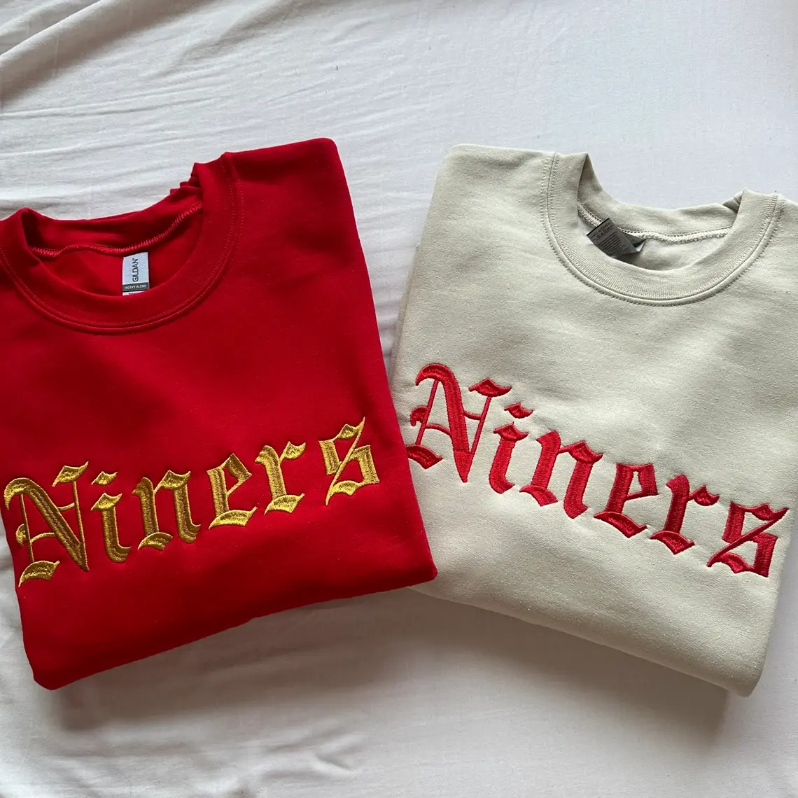 Niners Retro Gothic Embroidered Sweatshirt, Red and Gold Game Day Crewneck, Vintage Sporty Pullover