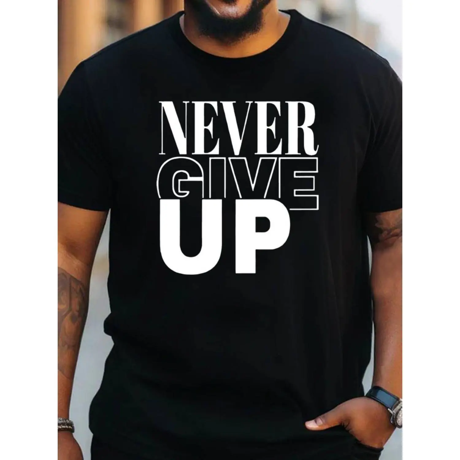 Men's Plus Size 100% Cotton Crew Neck Short-Sleeve Loose Athletic T-Shirt - Breathable Soft Streetwear Top with "Never Give Up" Print for Sports, Casual Wear, Party, Loose Cut