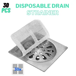30 PC Disposable Shower Drain Hair Catcher Stickers 4"x4" Strong Adhesive Mesh Covers for Bathroom, Kitchen & Laundry Easy Apply & Remove