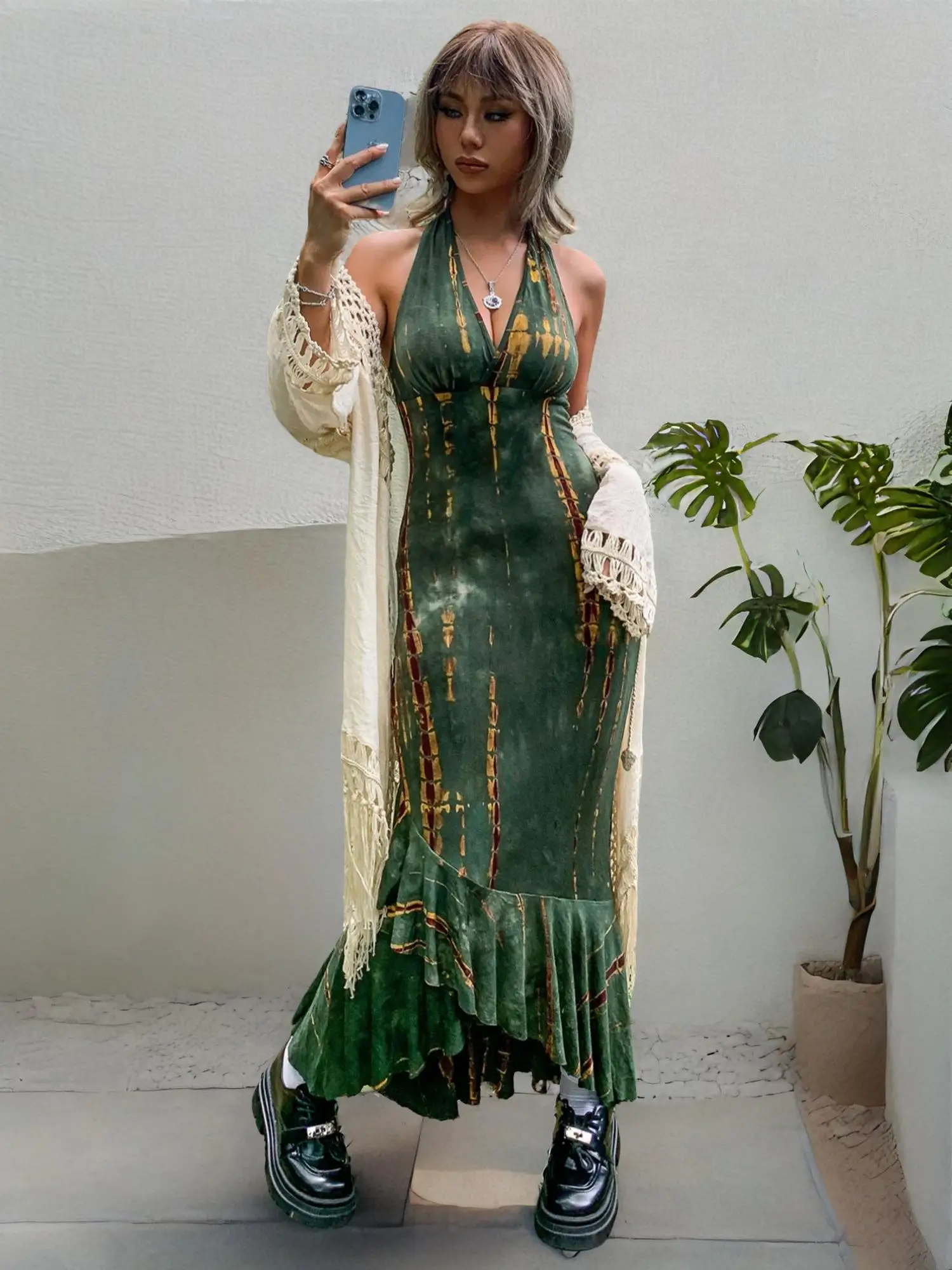 Women's Sexy Tie Dye Print Ruffle Hem Tie Back Halter Bodycon Dress, Summer Clothes Women Punk Fashion Casual V Neck Long Dress for Outdoor Beach Vaca