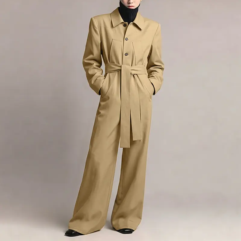 INCERUN Men's Long-Sleeve Polyester Baggy Overalls - Simple Basic Plain Menswear Jumpsuit with Shoulder Pads, Lapel, Belt, Loose Wide Legs, All-Season Design for Urban Commuting, Business Casual