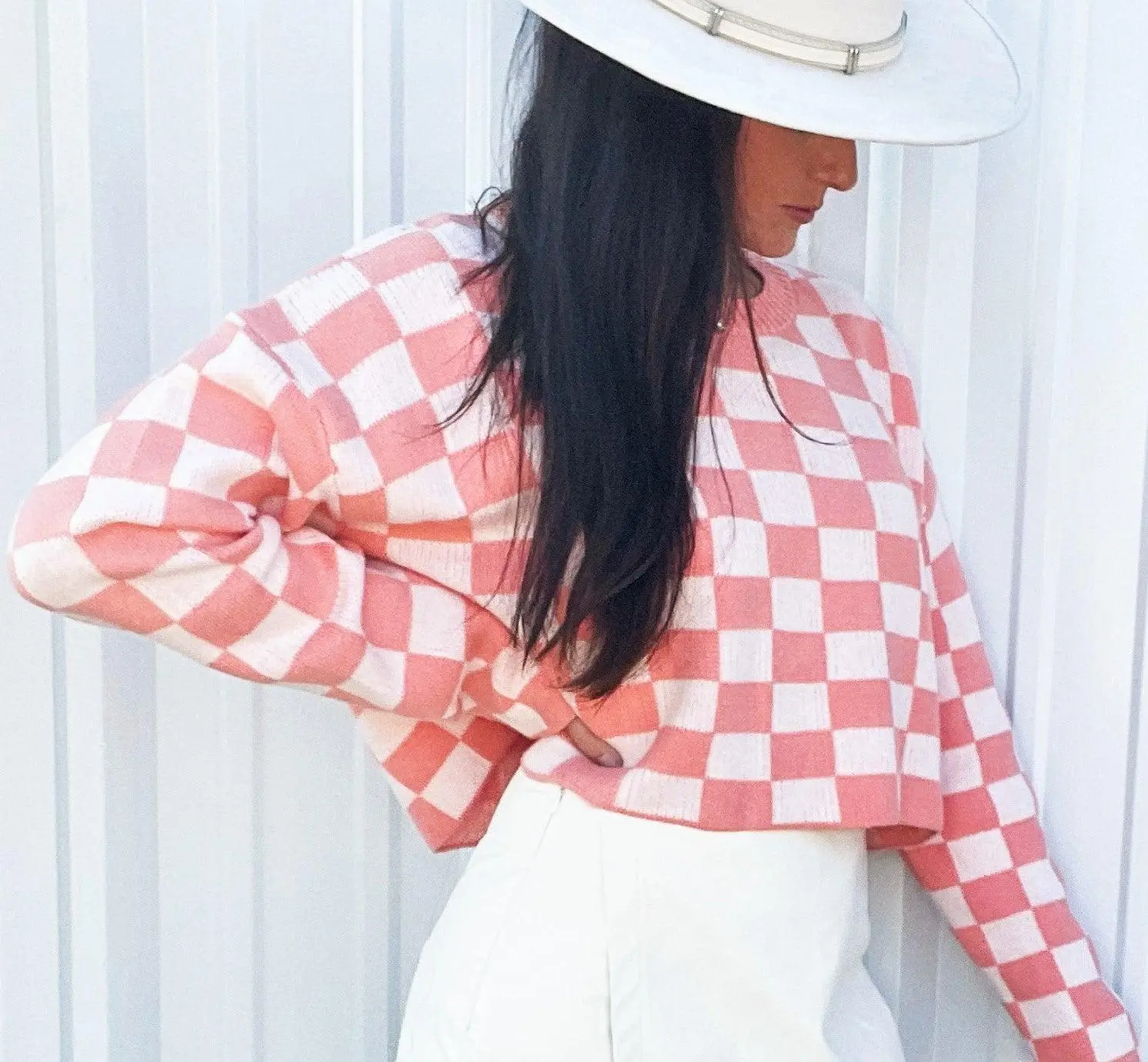 Make A Move Checkered Crop Knit Sweater