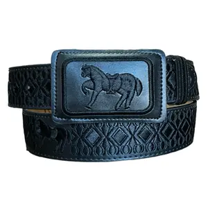 Black Horse Embroidered Leather Western Belt Cinto Vaquero Bordado Caballo Negro