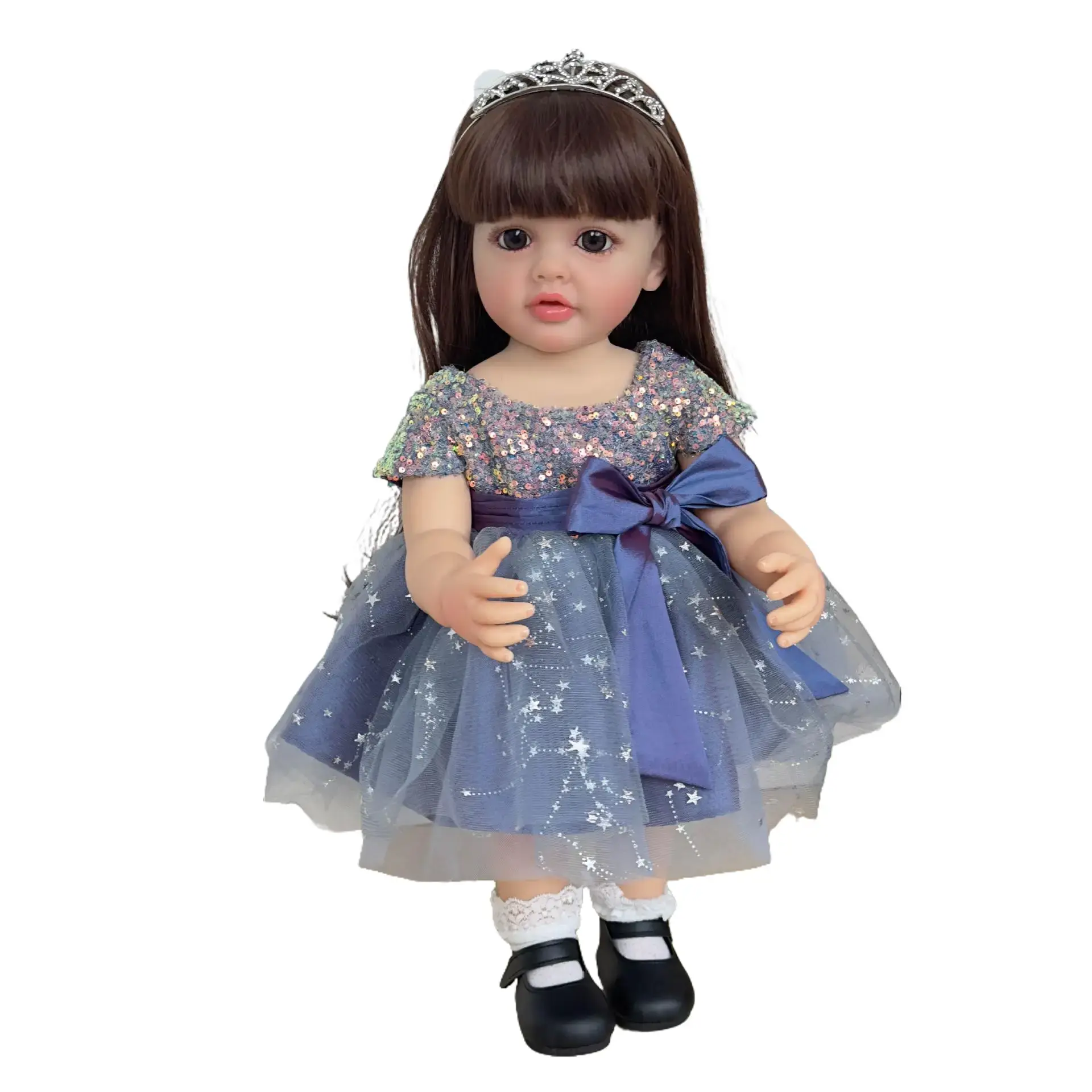 Reborn Baby Doll Soft Toy 22in Lifelike Long Hair Dark Blue Starry Sky Gauze Skirt Poseable Bathtub-Friendly Full-Body Vinyl Acrylic Eyes Hand-Painted Brows Safe for Kids 3+ Years Old