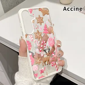 Pink Christmas Delight Pattern Magnetic Phone Case Compatible with Galaxy S23 Ultra S24 Plus S25 S22+ FE Anti-Yellowing Shockproof Lightweight Transparent Acrylic Soft Cover Supports Wireless Charging.