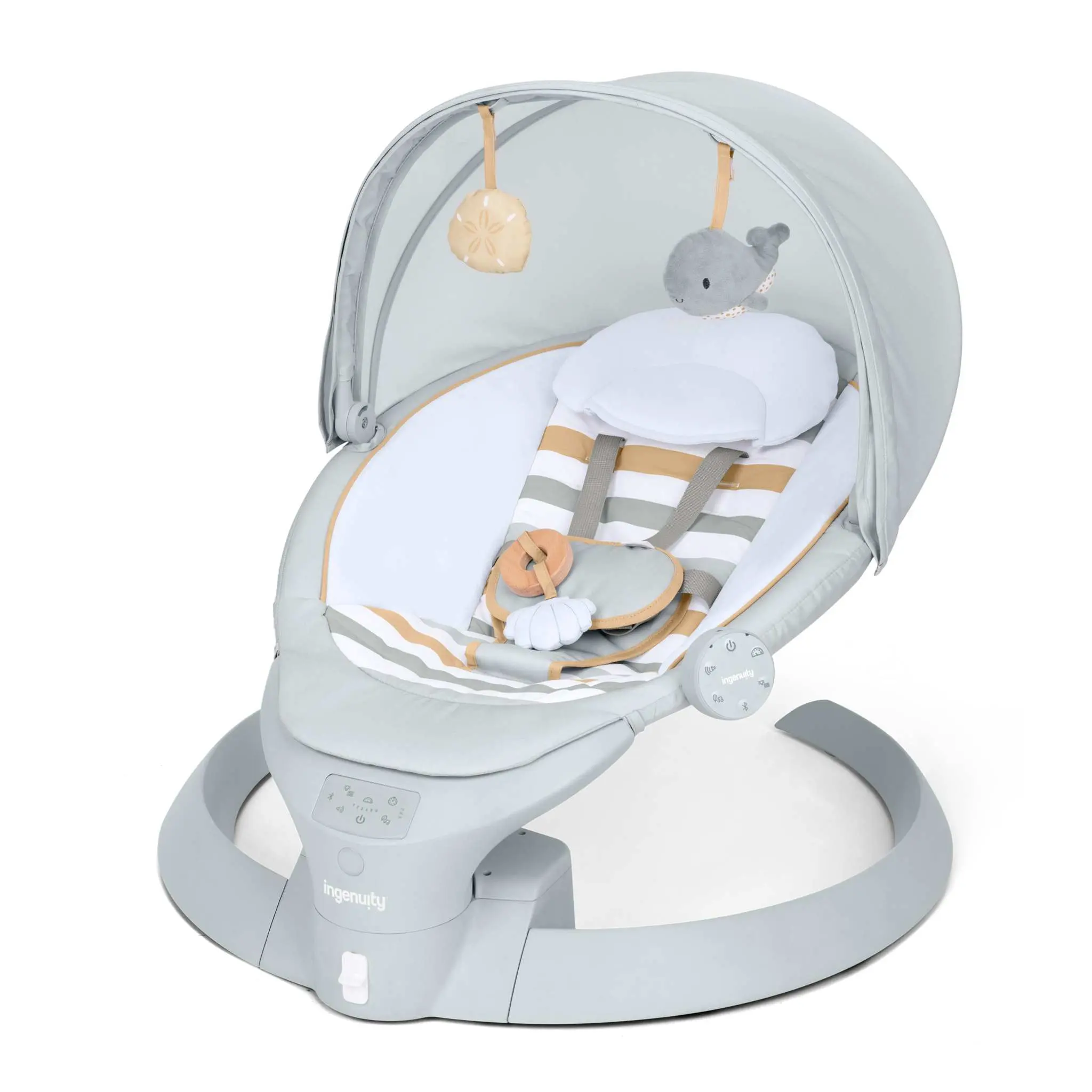 Ingenuity Inlighten Bounce & Sway Swing, Bluetooth Music, Canopy with Lights & Toys, Touch & Remote Controls, 3-in-1 Seat Modes, Machine Washable Pad, Ages 0+ Pebble Shore
