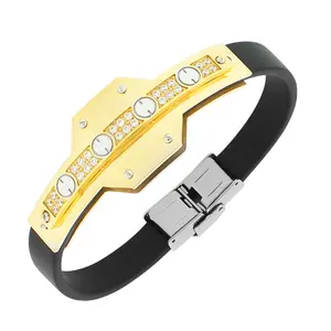 Stainless Steel Black Rubber Silicone Yellow Gold-Tone White CZ Men's Bracelet