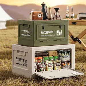 Collapsible Camping Storage Box with Wooden Lid - Large Folding Storage Bin with Side Doors for Outdoor, RV & Car Trunk Organizer