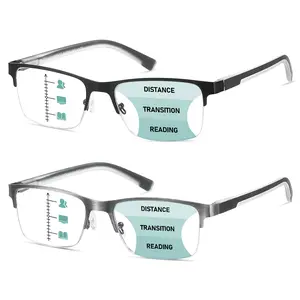 2-Pack Multifocus Blue Light Computer Glasses Men No Line Progressive Multifocal Reader Reading Metal Frame Trifocal Eyeglass