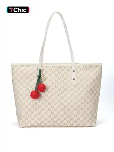 Off-White Letter Print Tote Bag,Red Cherry Pendant Large Capacity Shoulder Bag,Versatile Handbag,Commuter Shopping Bag for Women