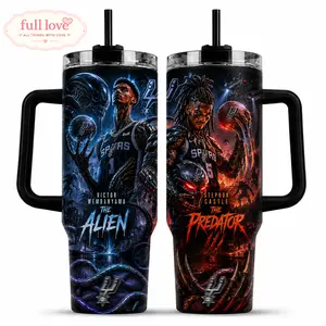 Victor Wembanyama & Stephon Castle Alien Predator Tumbler 20oz-40oz With Handle, Fan Drinkware Gift, Double Wall Insulated, Stainless Steel Vacuum Insulated Cup, Gift for Fan, Eco-Friendly