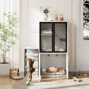 Cat Litter Box Enclosure Furniture with Hammock and Scratching Posts, Double Cat House with Storage Space, Enclosed Hidden Litter Box Furniture for Indoor Multi-Cat Household, Modern Pet Cabinet