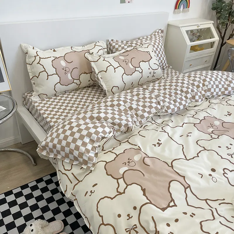 Blue White Plaid 4 Piece Bedding Set Soft Microfiber Duvet Cover Sheet Set Minimalist Checkered Bed Linen for Dorm Bedroom