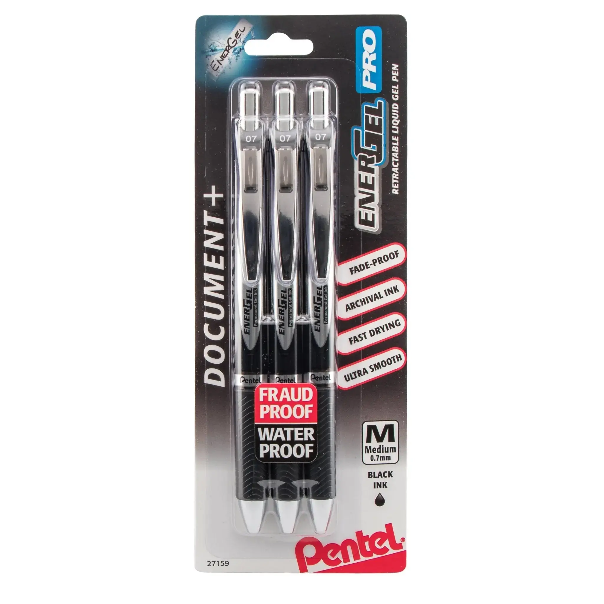 Pentel EnerGel PRO Permanent Gel Pen - Retractable, Refillable, Waterproof, Metal Tip, Eco-Friendly Refillability, 0.7mm Medium Line, Black Ink, 3-Pack
