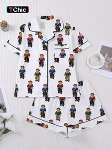 Women's Fall Winter 2-Piece Sleepwear Set, Cute Bear Print, Elegant Casual, Comfortable Lapel Top & Wide Leg Shorts, Home Fashion