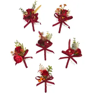TINGE TIME Boutonniere for Men Wedding, Set of 6, Deep Red Groom and Best Men Boutineer Suit Decor for Wedding Ceremony Anniversary, Formal Dinner Homecoming and Prom