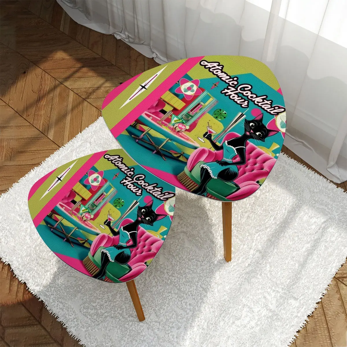 Mid Century Modern Bar Tables, Atomic Cat And Cocktails Kitschy Mod Nesting Tables