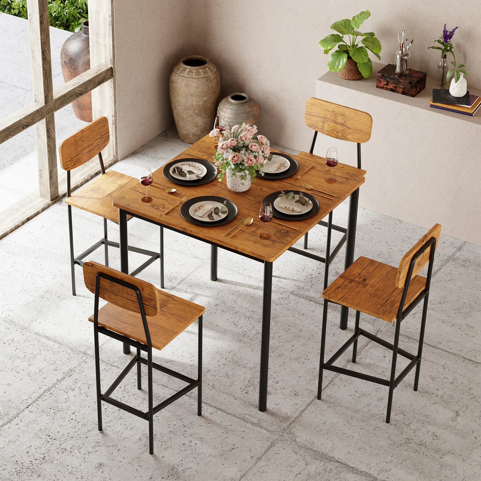 5-Piece Dining Table Set – Modern Kitchen Table and 4 Chairs, Space-Saving, Sturdy Metal Frame, Wood Top, for Dining Room or Apartment,Summervibes