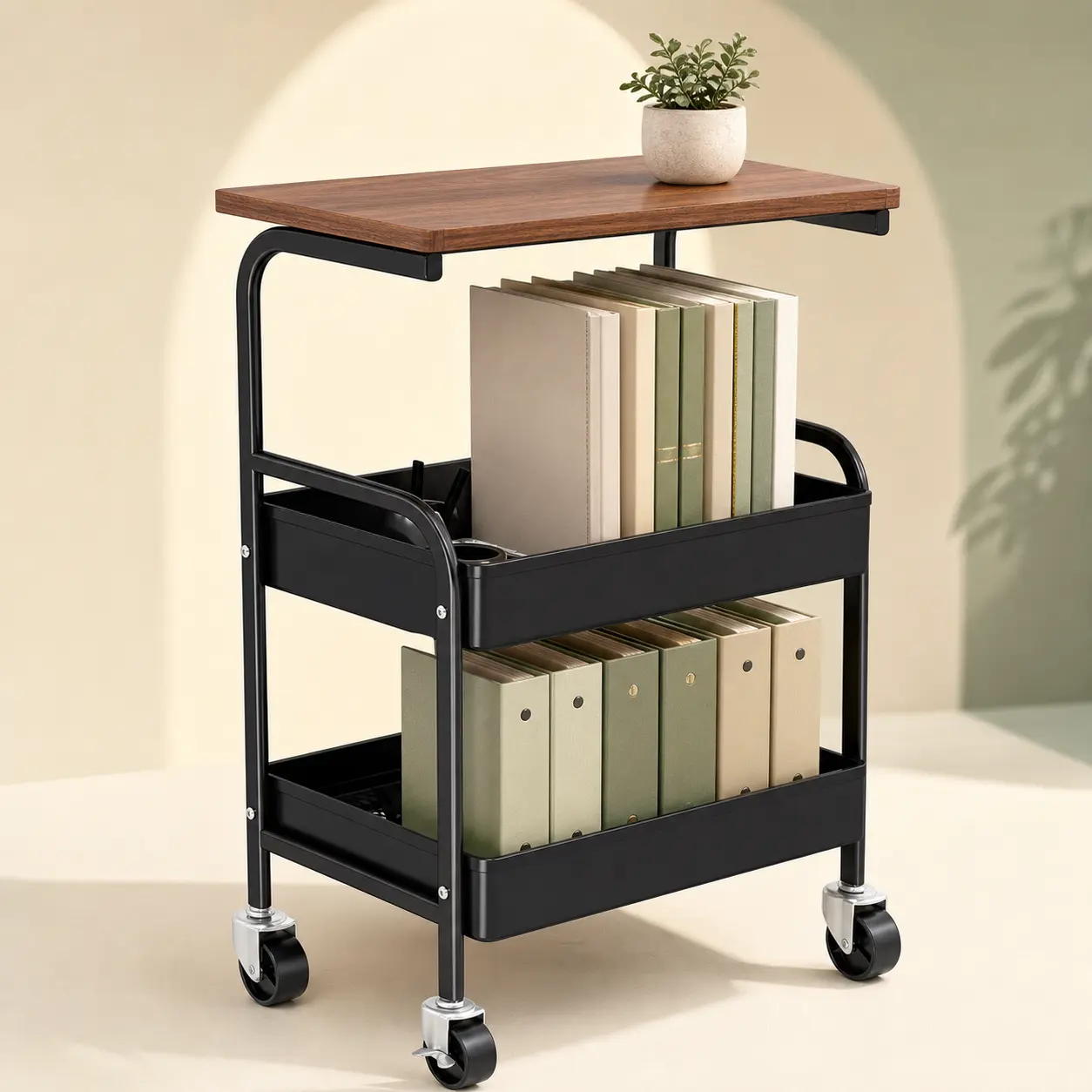 3-Tier Rolling Storage Cart with Waterproof Wood Top, Metal Mesh Utility Organizer Trolley with Lockable Wheels, Mobile Serving Cart for Kitchen Bedroom Office Salon Storage