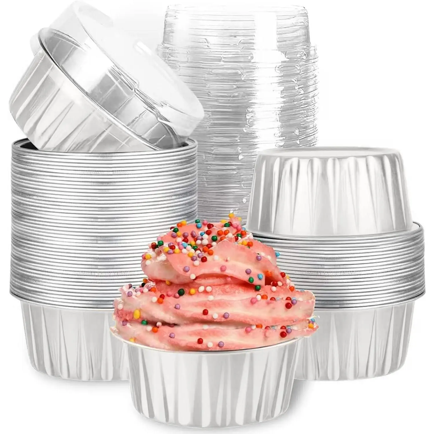 Mini  Foil Cupcake Baking Cups with  (40pcs, 5oz) Round Cupcake Foil Liners Tart Pie Tin Pan Holder - Disposable Mini Cake Containers Flan Molds for Pudding, Souffle, Party, Wedding