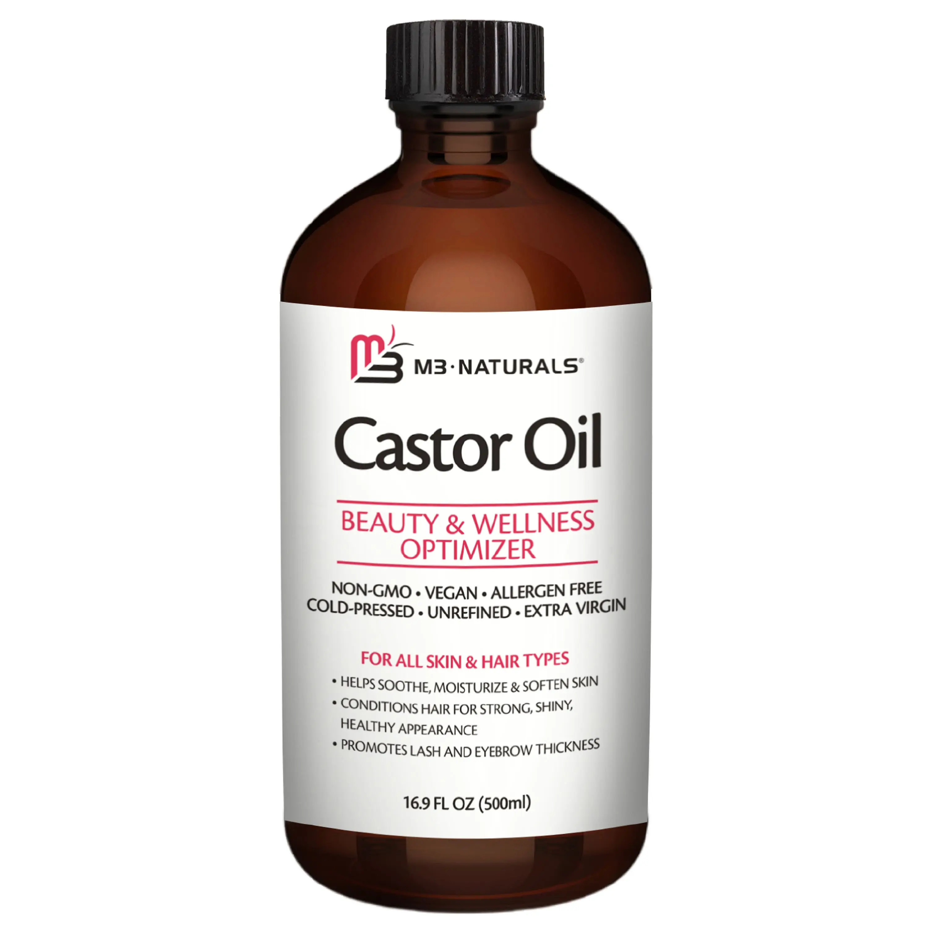 M3 Naturals 100% Pure Organic Cold-Pressed Castor Oil (500ml) - Single Item Body & Massage Oil for Soft Skin, Hair, Selfcare Moisturization