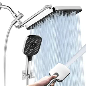 Hibbent Upgraded 5-spray 13" Shower Head forEasy Reach, High Pressure Rainfall ShowerheadCombo with 10-mode Handheld Spray, cUPCCertified ,12" Extension Arm, 4-way Diverter, 71"Hose, Showerhead Holder, Chrome