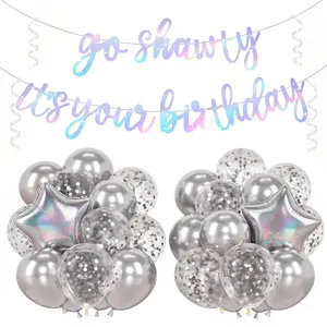 Holographic Go Shawty It’s Your Birthday Banner with Star Foil & Latex Balloons for Milestone Parties
