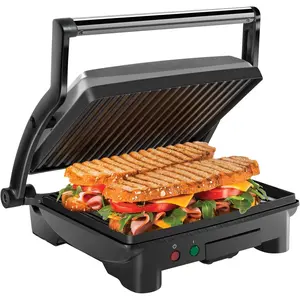 Panini Press Grill and Gourmet Sandwich Maker Non-Stick Coated Plates, Opens 180 Degrees to Fit Any Type or Size of Food, Stainless Steel Surface and Removable Drip Tray, 4 Slice, Black