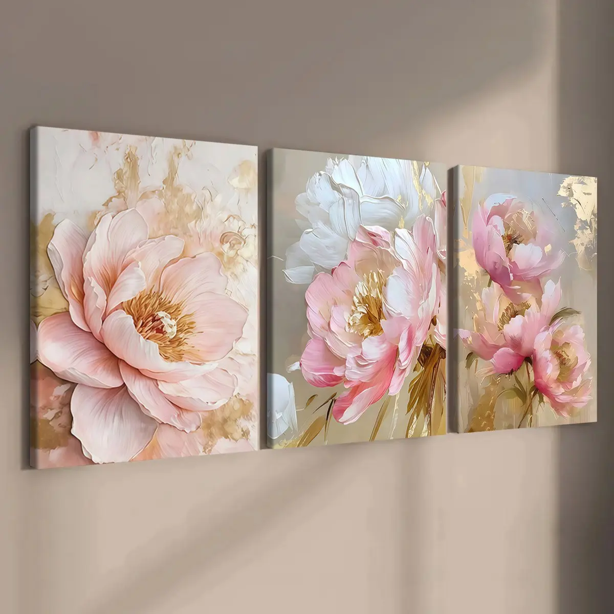 3-Pack Wood Frame Canvas Posters, Gold Foil Peony Floral Decor, Modern Living Room Art, Creative Wall Art, Waterproof, Gift for Bedroom Office Corridor