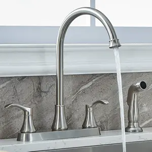 3 Hole or 4 Hole Two Handle Kitchen Faucet with Side Sprayer, Commercial Lead-Free Brushed Nickel Kitchen Sink Faucets for Rv Sinks with High-Arc Spout & Side Sprayer,