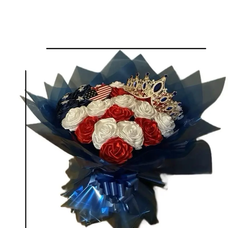 Rom Patriotic Rose Bouquet with Crown and American Flag Accents for Celebrations