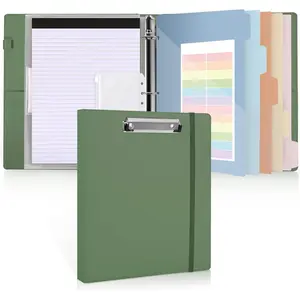 Clipboard Binder with Refillable Notepad, PU Clipboard Folder Includes 5 Dividers with 10 Pockets, Labels, 3 Ring Binder 1 Inch for School Office (Fit Letter Sized Paper),Olivegreen